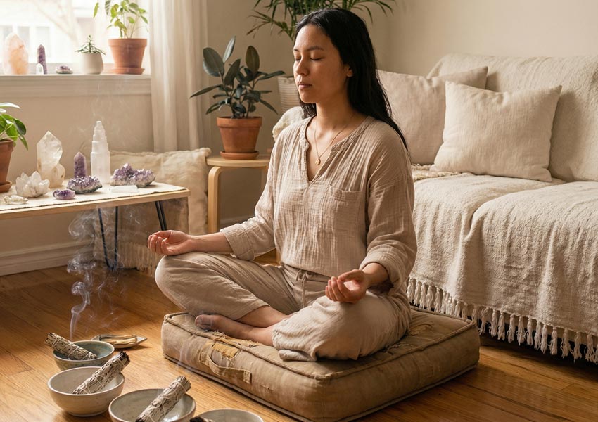 peaceful meditation setup with candles and incense