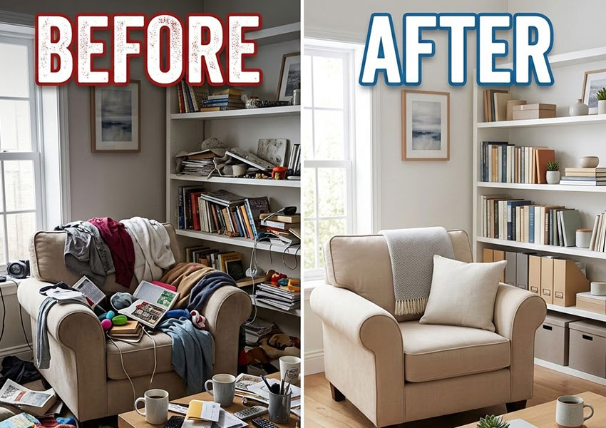 Before and after comparison of a decluttered space