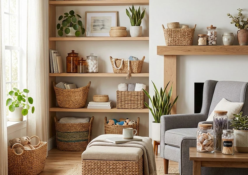 stylish storage solutions with baskets and decorative home decor

