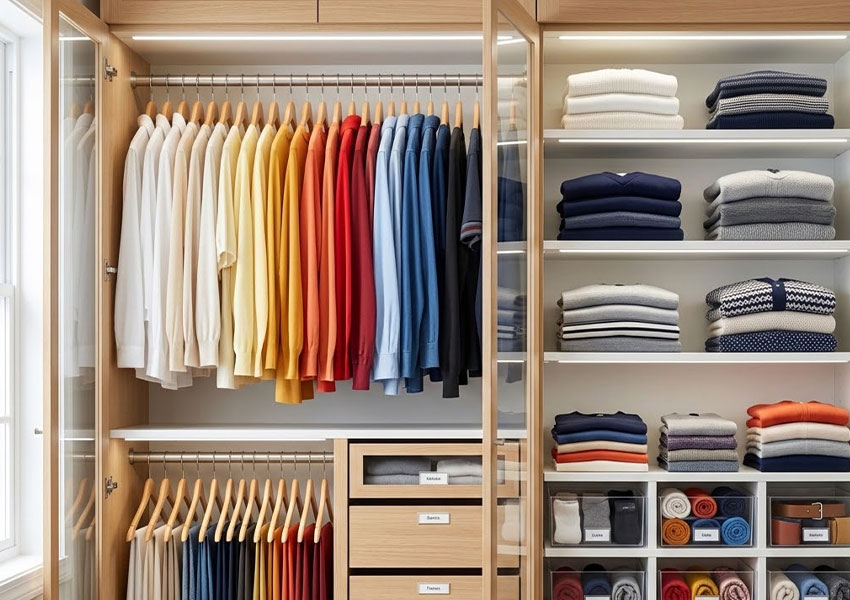 organized closet with neatly folded clothes and smart storage methods