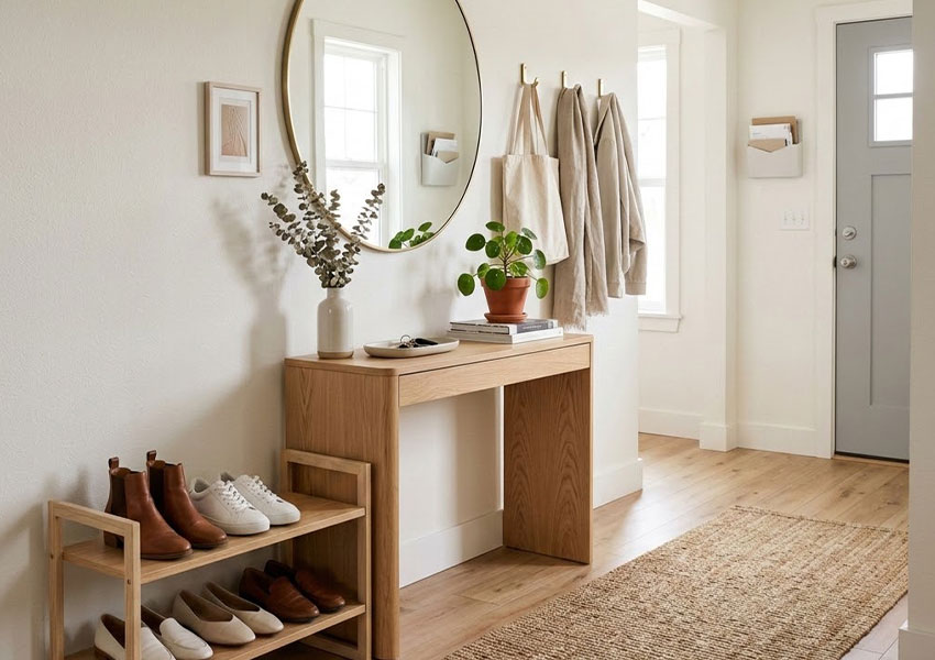 minimal entryway organization with shoe rack and wall hooks
