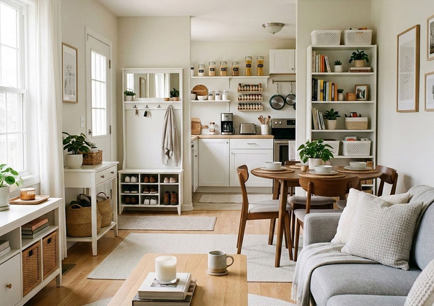 organized modern living room with minimal decor and clutter-free space
